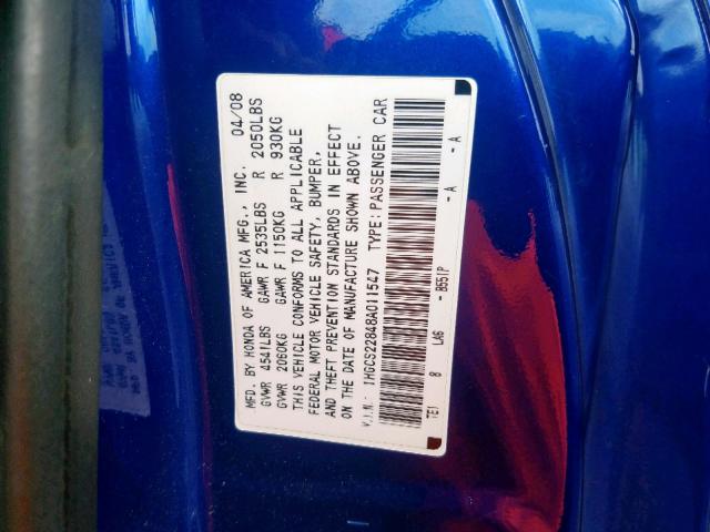 1HGCS22848A011547 - 2008 HONDA ACCORD EXL BLUE photo 10