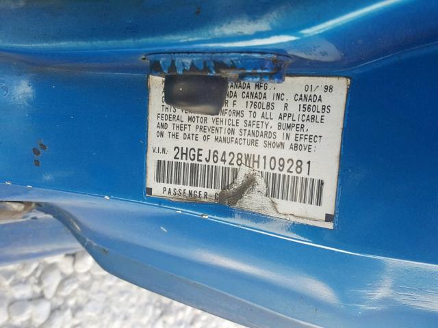 2HGEJ6447VH120062 - 1997 HONDA CIVIC DX BLUE photo 10