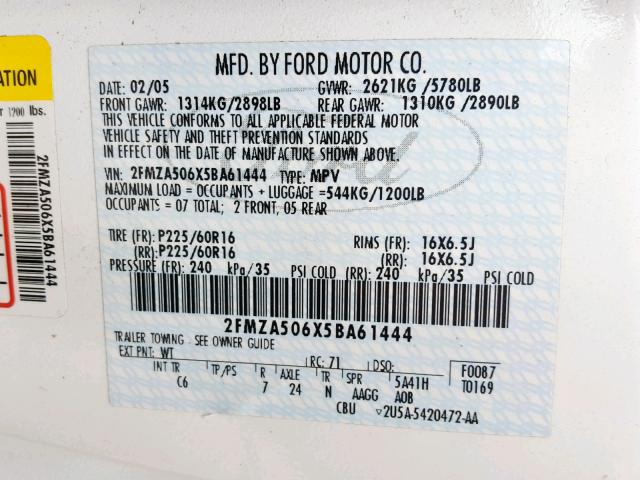 2FMZA506X5BA61444 - 2005 FORD FREESTAR S WHITE photo 10