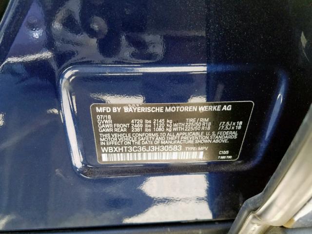 WBXHT3C36J3H30583 - 2018 BMW X1 XDRIVE2 BLUE photo 10