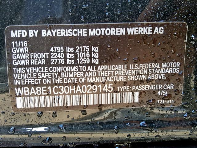 WBA8E1C30HA029145 - 2017 BMW 330E BLACK photo 10