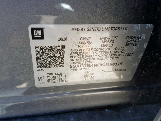 5GAERBKW3KJ184115 - 2019 BUICK ENCLAVE ES GRAY photo 10