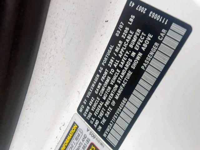 WVWDA71F57V040565 - 2007 VOLKSWAGEN EOS 2.0T S WHITE photo 10