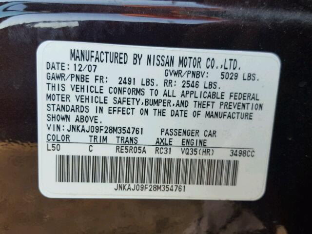 JNKAJ09F28M354761 - 2008 INFINITI EX35 BASE MAROON photo 10