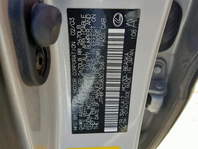 JTHBF30G830135817 - 2003 LEXUS ES 300 SILVER photo 10