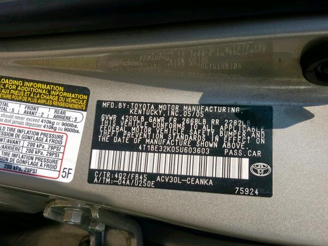 4T1BE32K05U603603 - 2005 TOYOTA CAMRY LE GOLD photo 10