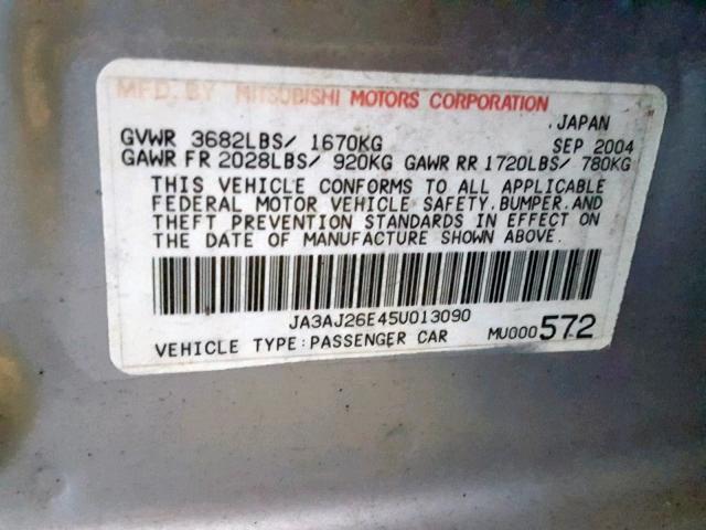 JA3AJ26E45U013090 - 2005 MITSUBISHI LANCER ES SILVER photo 10