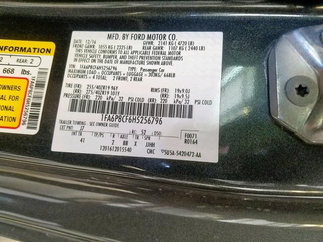 1FA6P8CF6H5256796 - 2017 FORD MUSTANG GT GRAY photo 10