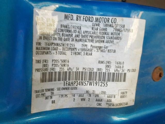 1FAHP34N57W191255 - 2007 FORD FOCUS ZX4 BLUE photo 10