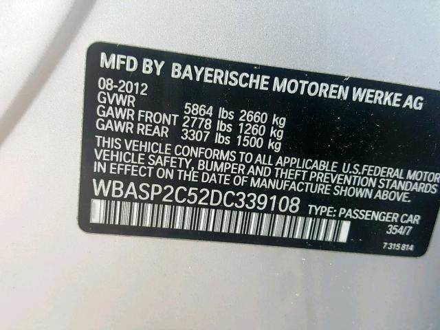 WBASP2C52DC339108 - 2013 BMW 535 XIGT SILVER photo 10