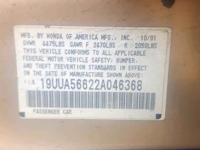 19UUA56622A046368 - 2002 ACURA 3.2TL BEIGE photo 10