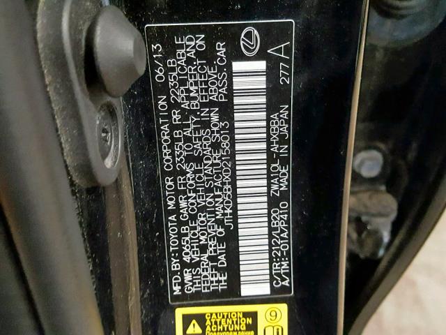 JTHKD5BHXD2158013 - 2013 LEXUS CT 200 BLACK photo 10