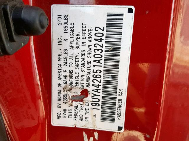 19UYA42651A032402 - 2001 ACURA 3.2CL TYPE RED photo 10