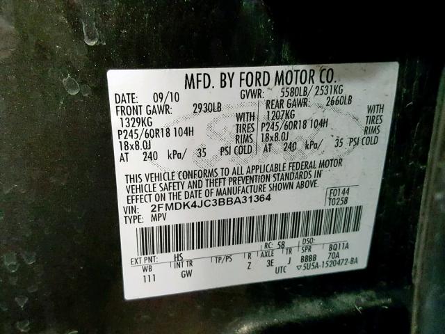 2FMDK4JC3BBA31364 - 2011 FORD EDGE SEL BLACK photo 10