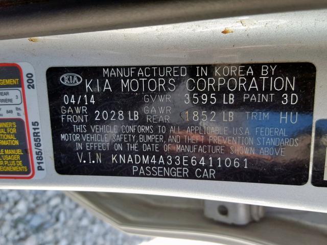 KNADM4A33E6411061 - 2014 KIA RIO LX SILVER photo 10