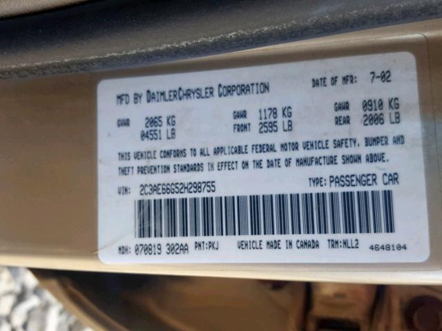 2C3AE66G52H298755 - 2002 CHRYSLER 300M TAN photo 10