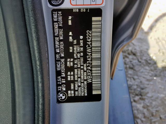 WBXPA73434WC44222 - 2004 BMW X3 2.5I SILVER photo 10