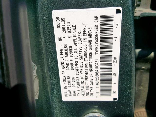 1HGCP26808A103461 - 2008 HONDA ACCORD EXL GRAY photo 10