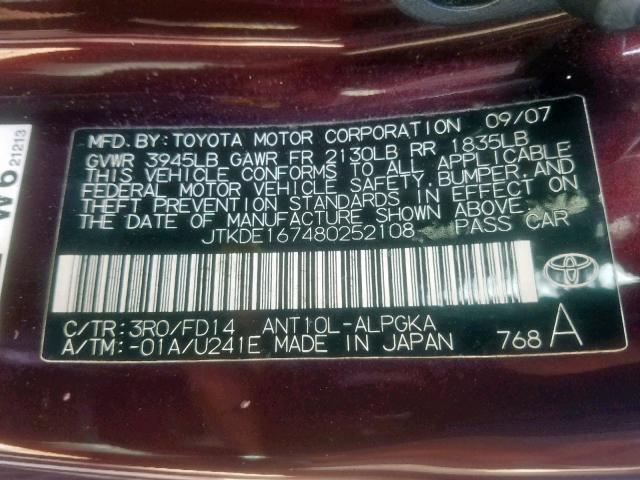 JTKDE167480252108 - 2008 TOYOTA SCION 棕色 照片 10