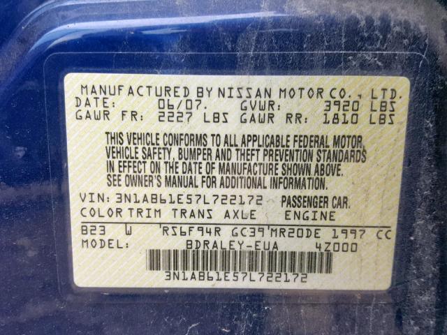 3N1AB61E57L722172 - 2007 NISSAN SENTRA 2.0 BLUE photo 10