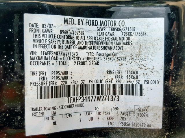 1FAFP34N77W271373 - 2007 FORD FOCUS ZX4 BLACK photo 10