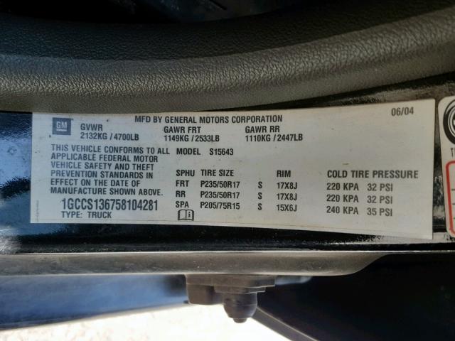 1GCCS136758104281 - 2005 CHEVROLET COLORADO BLACK photo 10