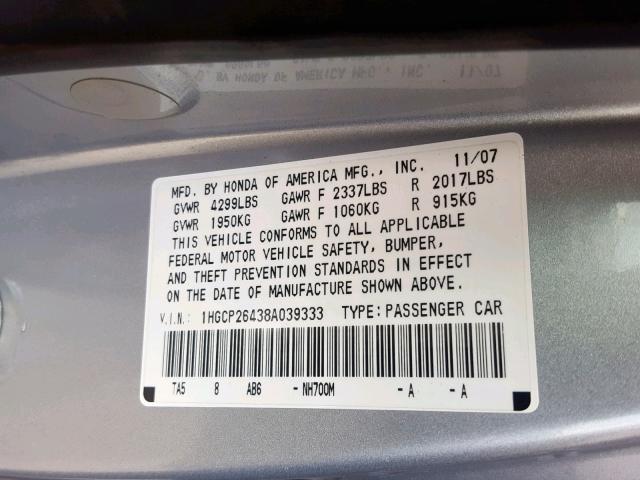 1HGCP26438A039333 - 2008 HONDA ACCORD LXP SILVER photo 10