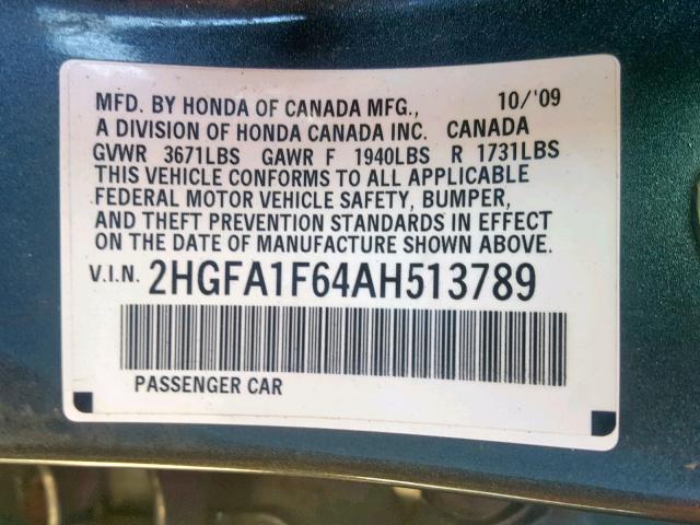 2HGFA1F64AH513789 - 2010 HONDA CIVIC LX-S 灰色 照片 10