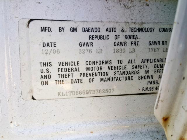 KL1TD66697B762507 - 2007 CHEVROLET AVEO BASE თეთრი ფოტო 10