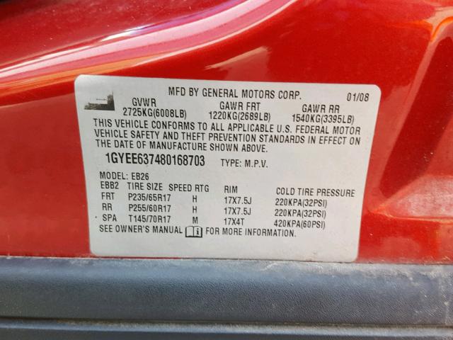 1GYEE637480168703 - 2008 CADILLAC SRX RED photo 10