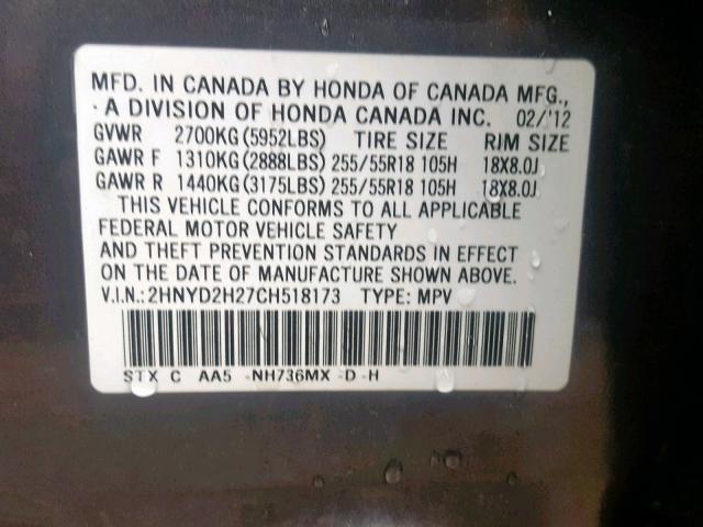 2HNYD2H27CH518173 - 2012 ACURA MDX CHARCOAL photo 10