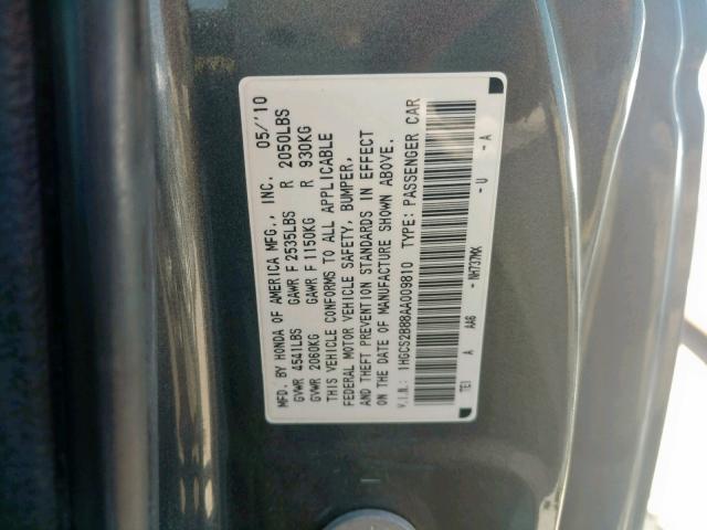 1HGCS2B88AA009810 - 2010 HONDA ACCORD EXL GRAY photo 10