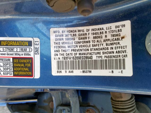 19XFA16359E028640 - 2009 HONDA CIVIC VP BLUE photo 10