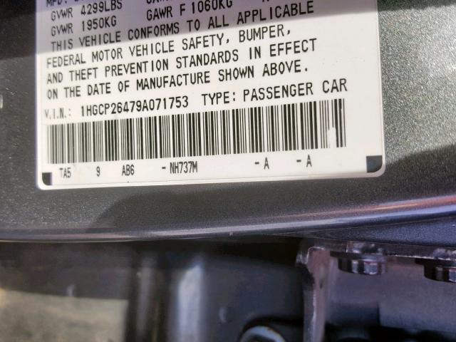 1HGCP26479A071753 - 2009 HONDA ACCORD LXP SILVER photo 10