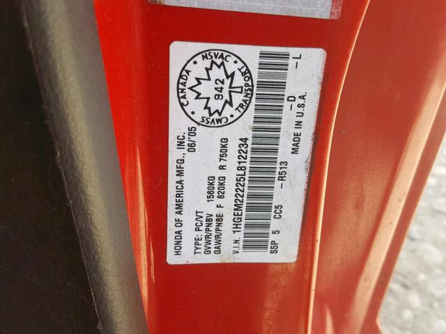 1HGEM22225L812234 - 2005 HONDA CIVIC DX RED photo 10