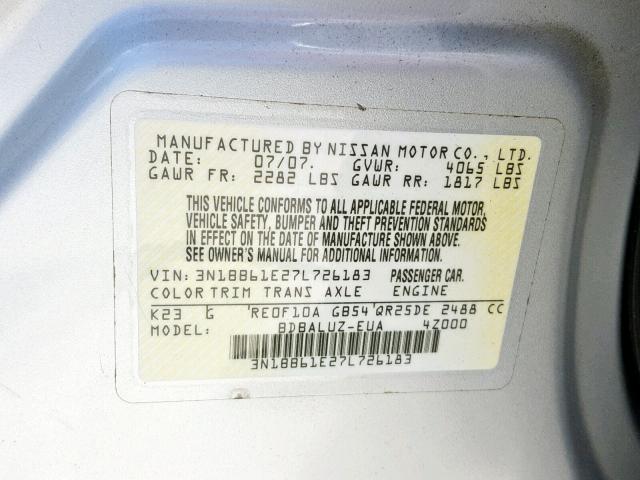 3N1BB61E27L726183 - 2007 NISSAN SENTRA SE- SILVER photo 10