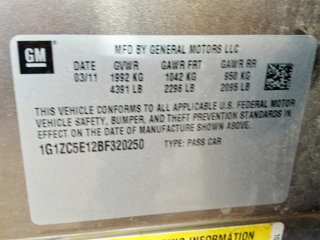 1G1ZC5E12BF320250 - 2011 CHEVROLET MALIBU 1LT CHARCOAL photo 10