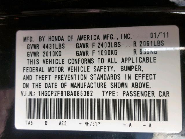 1HGCP2F81BA085382 - 2011 HONDA ACCORD EXL BLACK photo 10