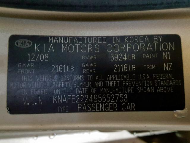 KNAFE222495652753 - 2009 KIA SPECTRA EX GOLD photo 10