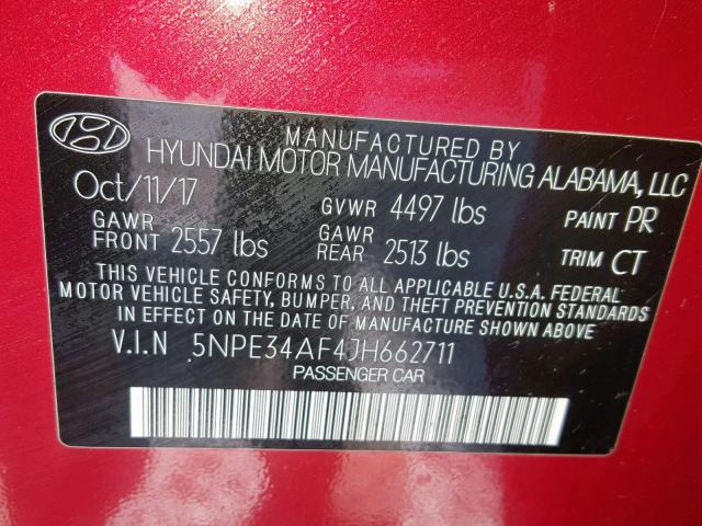 5NPE34AF4JH662711 - 2018 HYUNDAI SONATA SPO RED photo 10