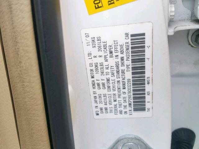 JHMCP26878C032289 - 2008 HONDA ACCORD EXL WHITE photo 10