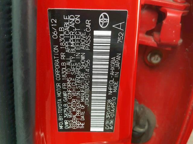 JTDKDTB39C1514756 - 2012 TOYOTA PRIUS C RED photo 10