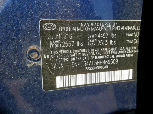 5NPE34AF5HH469509 - 2017 HYUNDAI SONATA SPO BLUE photo 10