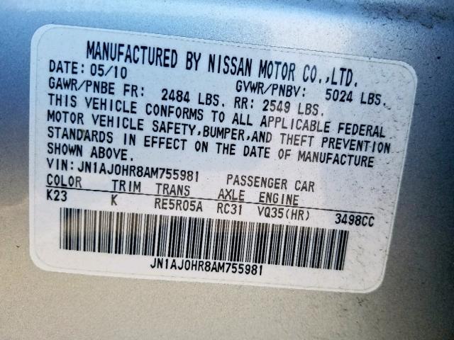 JN1AJ0HR8AM755981 - 2010 INFINITI EX35 BASE SILVER photo 10