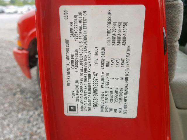1GCCS19W5Y8237147 - 2000 CHEVROLET S TRUCK S1 RED photo 10