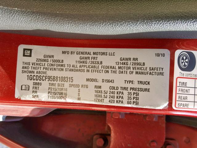 1GCDSCF95B8108315 - 2011 CHEVROLET COLORADO L RED photo 10
