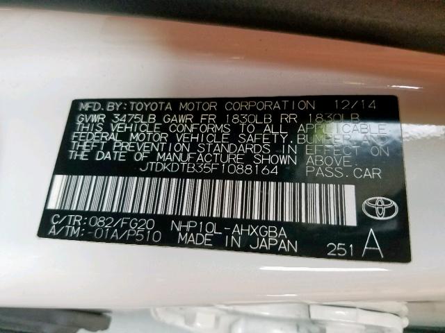 JTDKDTB35F1088164 - 2015 TOYOTA PRIUS C WHITE photo 10