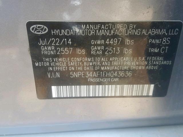 5NPE34AF1FH043636 - 2015 HYUNDAI SONATA SPO GRAY photo 10