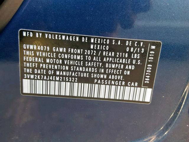 3VW2K7AJ4EM215322 - 2014 VOLKSWAGEN JETTA BASE 蓝色 照片 10