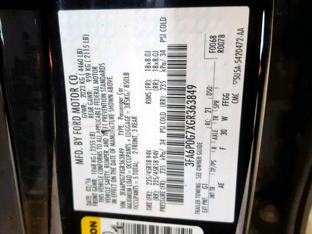 3FA6P0G7XGR363849 - 2016 FORD FUSION S BLACK photo 10